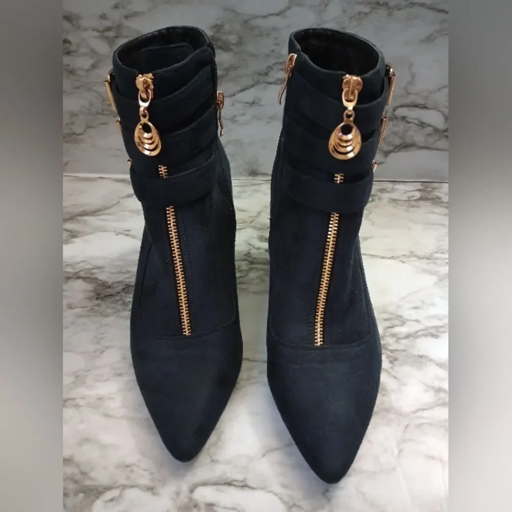 IDIFU Navy Blue Ankle Boots With Buckles Zip Closure Skinny Heel Size 10